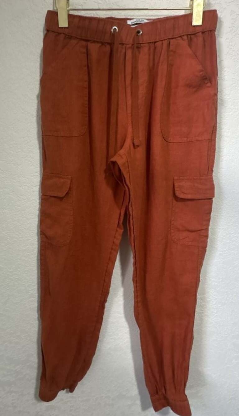 Nicole Miller Cargo Jogger Pants Size S Orange Linen Drawstring